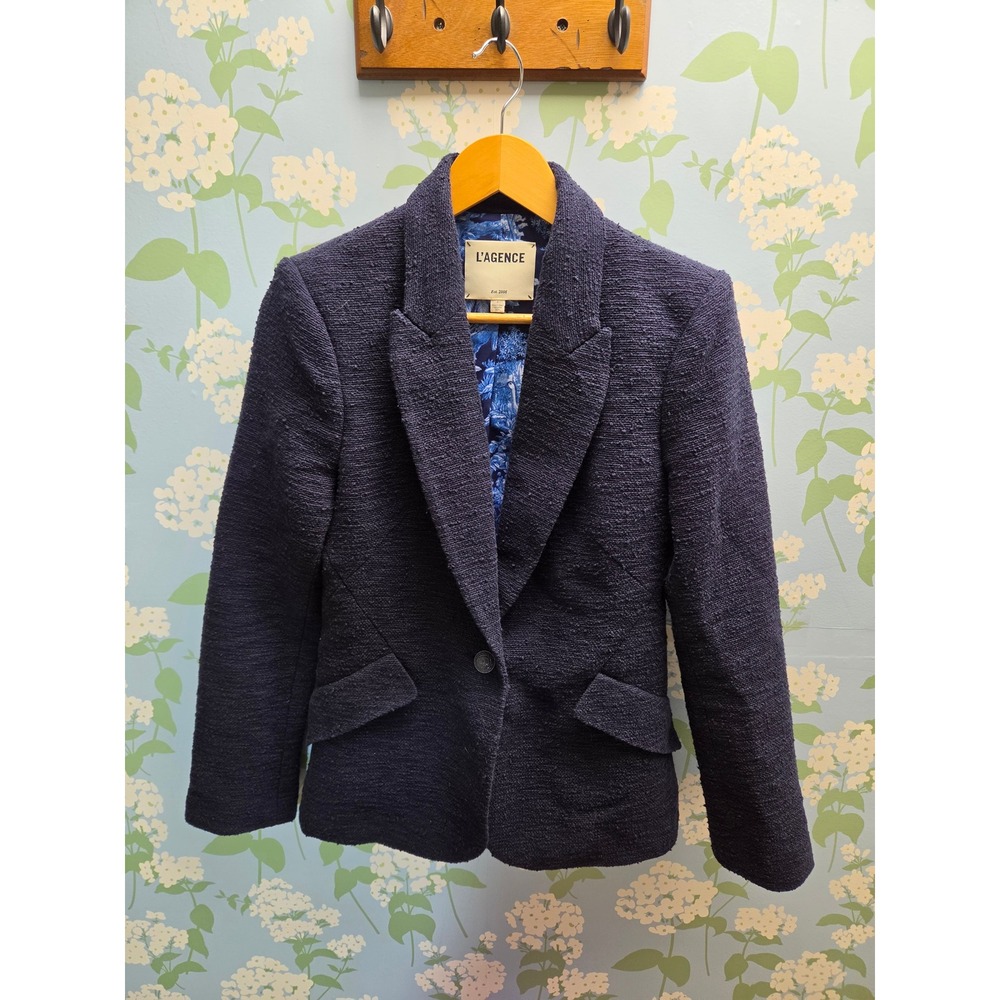 L'AGENCE Chamberlain Navy Blue Tweed Toile Lined Blazer Jacket Size 4